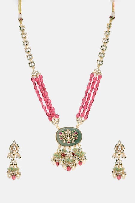 Shop Ruby Raang Multi Color Stones, Pearls, Beads Long Kundan Necklace With Earrings Online at Aza Fashions Shop_Ruby Raang_Multi Color Stones, Pearls, Beads Long Kundan Necklace With Earrings _Online_at_Aza_Fashions
