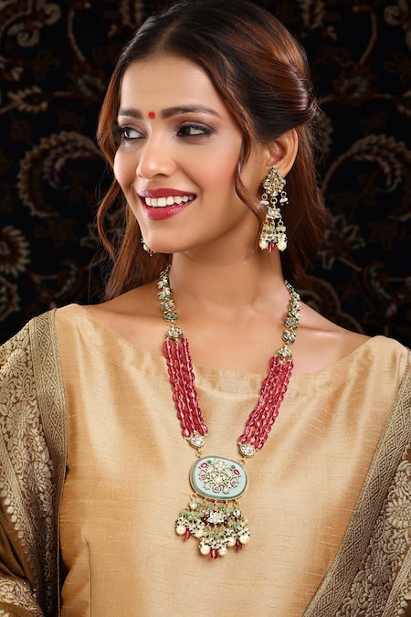 Ruby Raang Long Multi Kundan Necklace With Earrings 