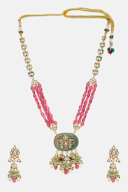 Ruby Raang Multi Color Stones, Pearls, Beads Long Kundan Necklace With Earrings at Aza Fashions Ruby Raang_Multi Color Stones, Pearls, Beads Long Kundan Necklace With Earrings _at_Aza_Fashions