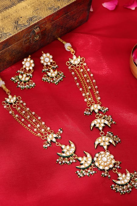 Shop_Ruby Raang_Gold Plated Kundan Necklace With Earrings _at_Aza_Fashions