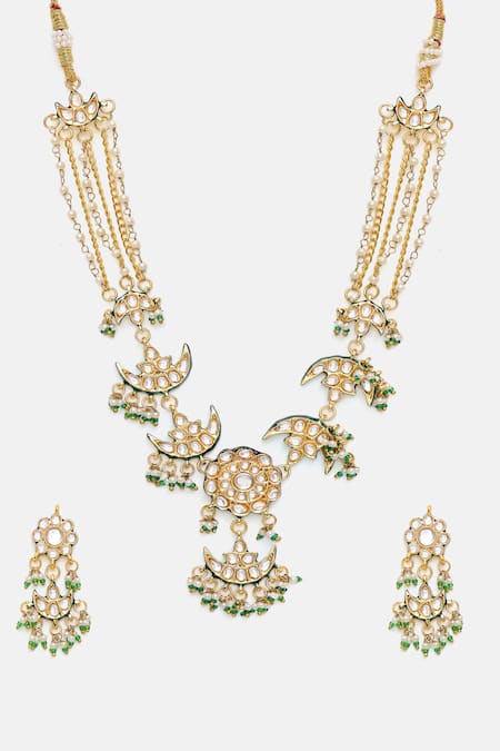 Ruby Raang_Gold Plated Kundan Necklace With Earrings _at_Aza_Fashions