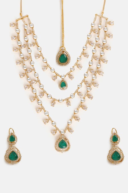 Buy Ruby Raang Gold Plated Stones, Rhinestones Layered Kundan And Emerald Necklace Set Online at Aza Fashions Buy_Ruby Raang_Gold Plated Stones, Rhinestones Layered Kundan And Emerald Necklace Set _Online_at_Aza_Fashions