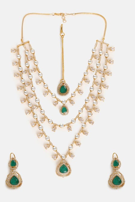 Shop Ruby Raang Gold Plated Stones, Rhinestones Layered Kundan And Emerald Necklace Set Online at Aza Fashions Shop_Ruby Raang_Gold Plated Stones, Rhinestones Layered Kundan And Emerald Necklace Set _Online_at_Aza_Fashions