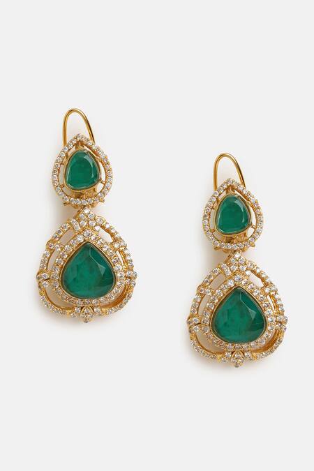 Shop Ruby Raang Gold Plated Stones, Rhinestones Layered Kundan And Emerald Necklace Set Shop_Ruby Raang_Gold Plated Stones, Rhinestones Layered Kundan And Emerald Necklace Set