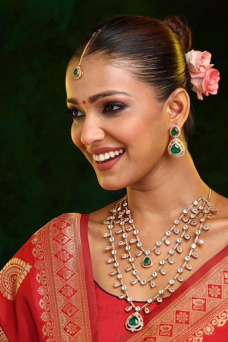 Ruby Raang Layered Kundan & Emerald Necklace Set 