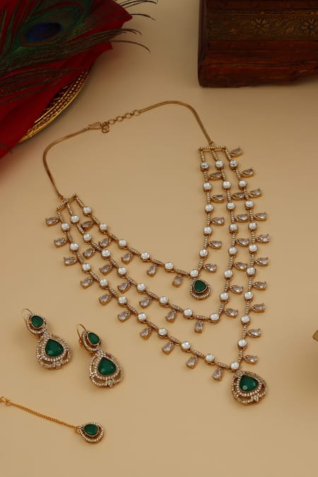 Ruby Raang Layered Kundan & Emerald Necklace Set 