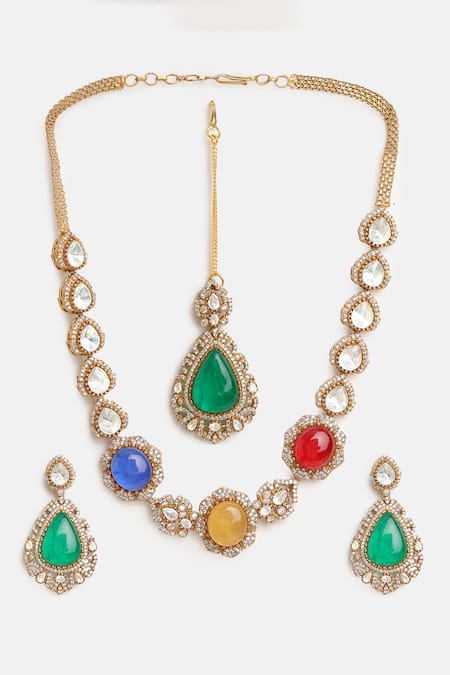 Shop Ruby Raang Multi Color Stones, Crystals, Stonework Kundan Embellished Necklace Set Online at Aza Fashions Shop_Ruby Raang_Multi Color Stones, Crystals, Stonework Kundan Embellished Necklace Set _Online_at_Aza_Fashions