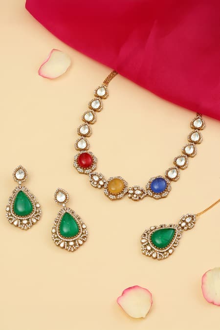 Ruby Raang Stonework Kundan Embellished Necklace Set 