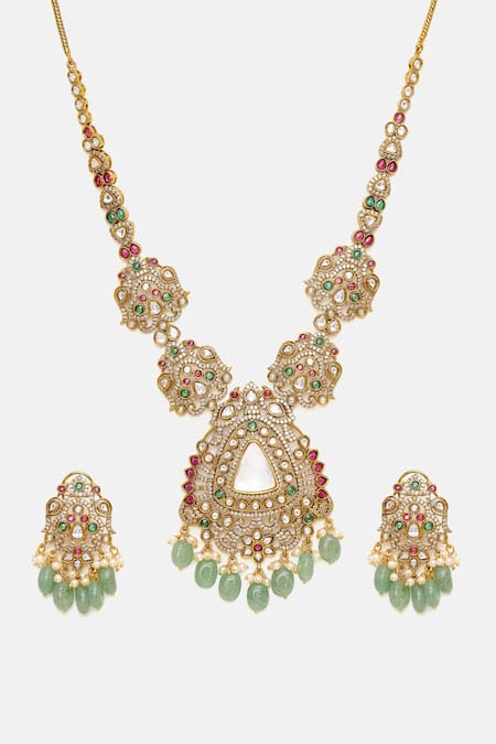 Buy_Ruby Raang_Multi Color Stones, Pearls, Beads Long Kundan Heavy Maharani Necklace Set _Online_at_Aza_Fashions
