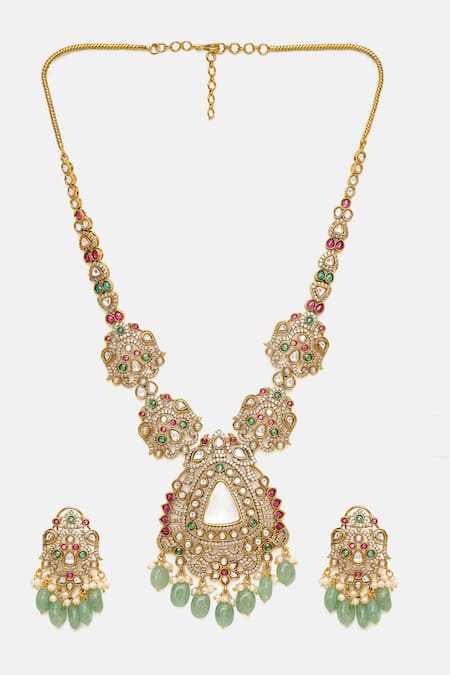 Buy_Ruby Raang_Multi Color Stones, Pearls, Beads Long Kundan Heavy Maharani Necklace Set 