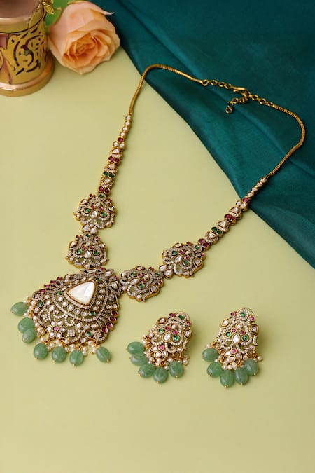 Ruby Raang Long Kundan Heavy Maharani Necklace Set 