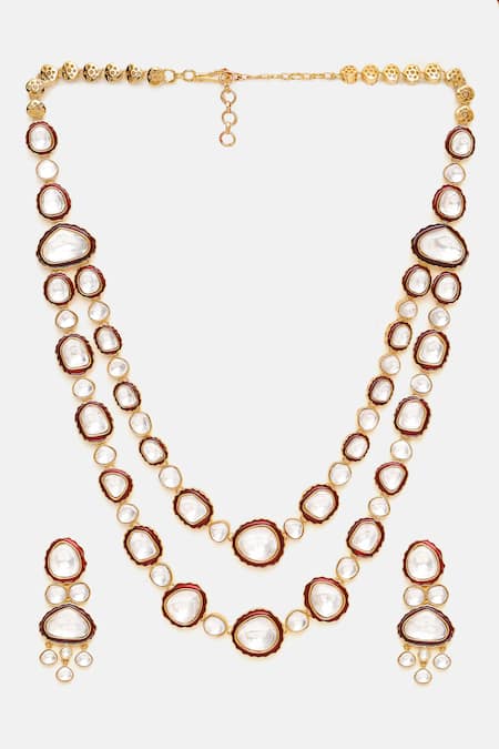 Shop_Ruby Raang_Gold Plated Stones Meenakari Kundan Layered Necklace Set _Online_at_Aza_Fashions