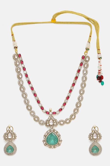 Buy Ruby Raang Multi Color Stones, Pearls, Stonework Moissanite Necklace With Earrings Online at Aza Fashions Buy_Ruby Raang_Multi Color Stones, Pearls, Stonework Moissanite Necklace With Earrings _Online_at_Aza_Fashions