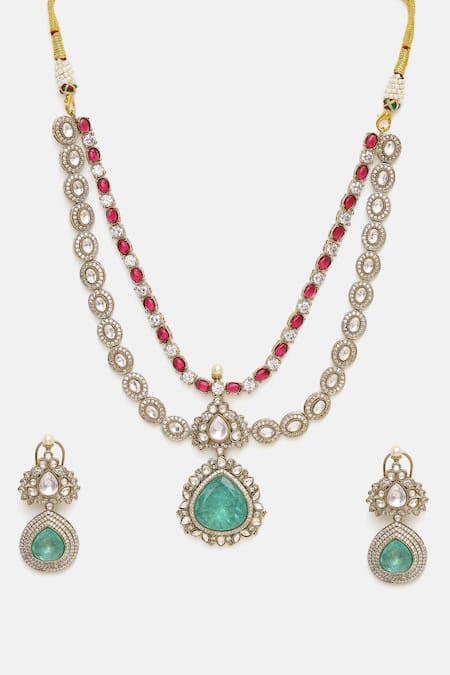 Shop Ruby Raang Multi Color Stones, Pearls, Stonework Moissanite Necklace With Earrings Online at Aza Fashions Shop_Ruby Raang_Multi Color Stones, Pearls, Stonework Moissanite Necklace With Earrings _Online_at_Aza_Fashions