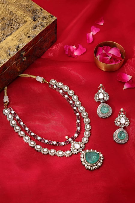 Ruby Raang Stonework Moissanite Necklace With Earrings 