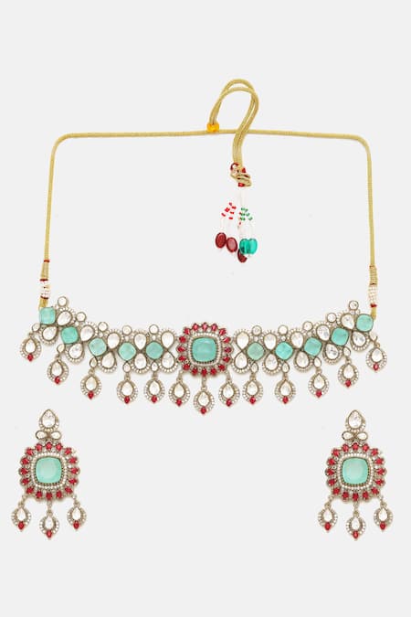 Shop Ruby Raang Multi Color Stones, Gemstones, Stonework Moissanite Choker With Earrings Online at Aza Fashions Shop_Ruby Raang_Multi Color Stones, Gemstones, Stonework Moissanite Choker With Earrings _Online_at_Aza_Fashions