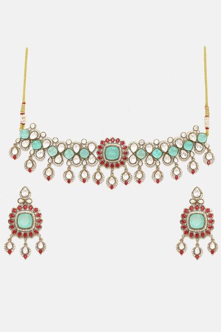 Buy Ruby Raang Multi Color Stones, Gemstones, Stonework Moissanite Choker With Earrings Buy_Ruby Raang_Multi Color Stones, Gemstones, Stonework Moissanite Choker With Earrings