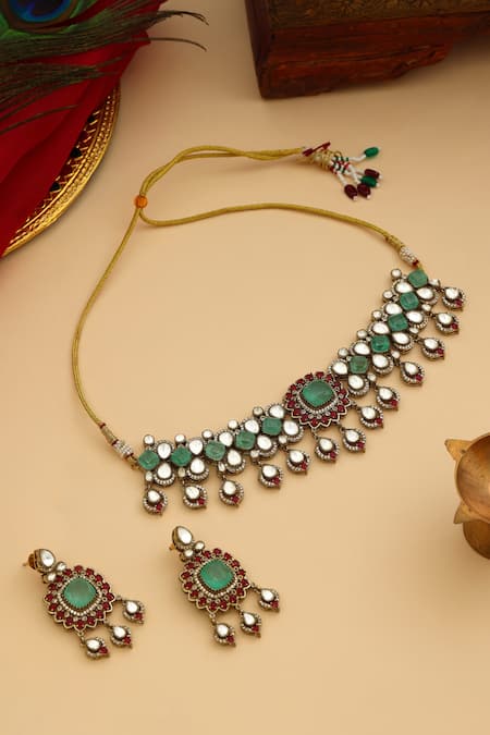 Ruby Raang Stonework Moissanite Choker With Earrings 