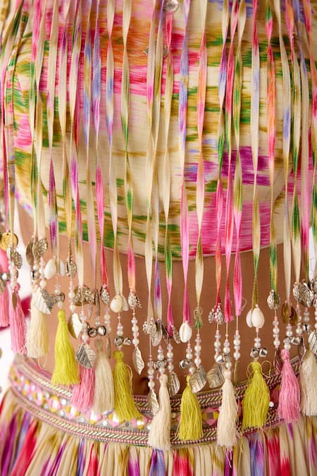 Basanti - Kapde Aur Koffee_Ivory Chinon Tassels, Mirrors, Embroidery, Sequins, Stones Blouse Lehenga Set _Online_at_Aza_Fashions