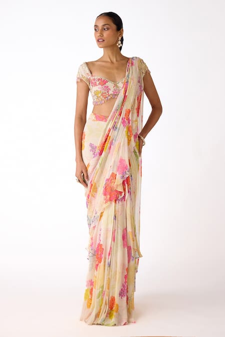 Basanti - Kapde Aur Koffee Floral Print Pre-Draped Ruffle Saree With Blouse 