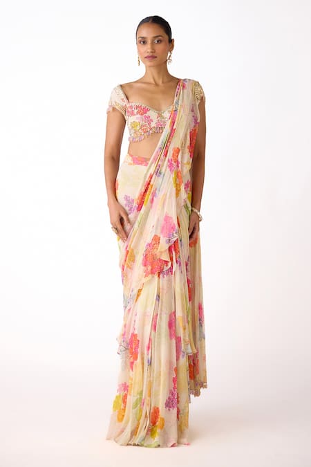Basanti - Kapde Aur Koffee_Ivory Georgette Sequins, Floral Print Pre-draped Ruffle Saree With Blouse _Online_at_Aza_Fashions