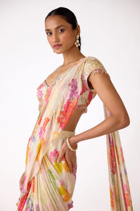 Shop_Basanti - Kapde Aur Koffee_Ivory Georgette Sequins, Floral Print Pre-draped Ruffle Saree With Blouse _Online_at_Aza_Fashions