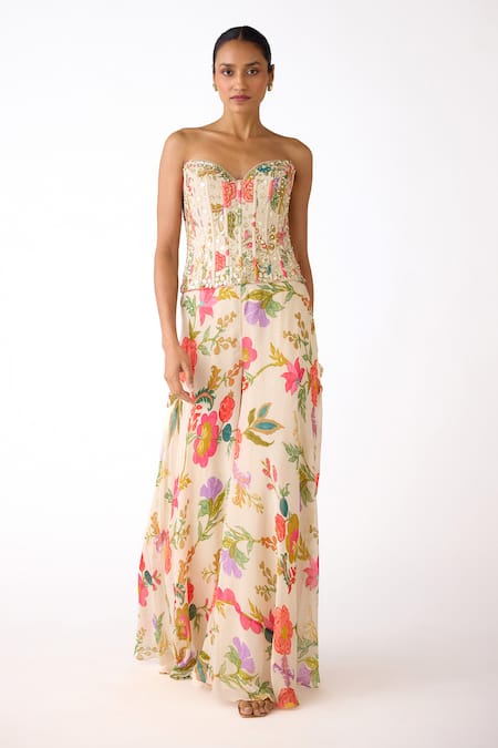 Buy_Basanti - Kapde Aur Koffee_Ivory Georgette Sequins, Mirrors, Embroidered Corset And Printed Sharara Set _Online_at_Aza_Fashions