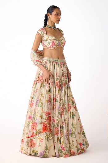Basanti Kapde aur Koffee_Ivory Georgette Sequins, Mirrors, Beads, Crystals, Tassels, Floral Lehenga Set _Online_at_Aza_Fashions