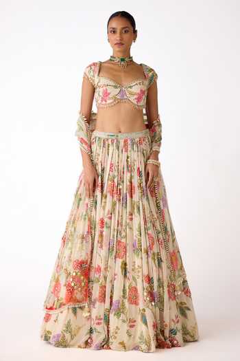 Buy_Basanti Kapde aur Koffee_Ivory Georgette Sequins, Mirrors, Beads, Crystals, Tassels, Floral Lehenga Set _Online_at_Aza_Fashions