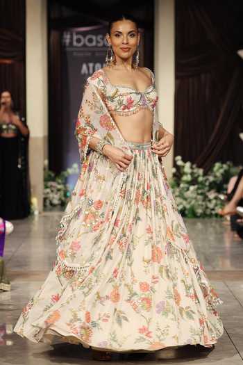 Shop_Basanti Kapde aur Koffee_Ivory Georgette Sequins, Mirrors, Beads, Crystals, Tassels, Floral Lehenga Set _Online_at_Aza_Fashions