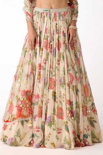 Basanti Kapde aur Koffee_Ivory Georgette Sequins, Mirrors, Beads, Crystals, Tassels, Floral Lehenga Set _at_Aza_Fashions