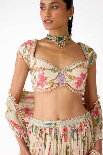 Buy_Basanti Kapde aur Koffee_Ivory Georgette Sequins, Mirrors, Beads, Crystals, Tassels, Floral Lehenga Set 