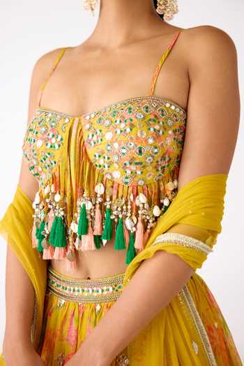 Shop Basanti Kapde aur Koffee Yellow Organza Mirrors, Tassels, Embroidery, Zari, Sequins Blouse Lehenga Set Online at Aza Fashions Shop_Basanti Kapde aur Koffee_Yellow Organza Mirrors, Tassels, Embroidery, Zari, Sequins Blouse Lehenga Set _Online_at_Aza_Fashions