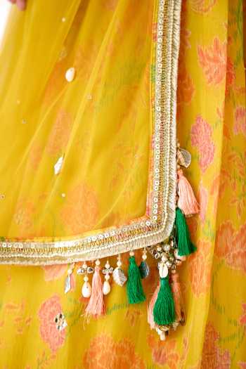 Buy Basanti Kapde aur Koffee Yellow Organza Mirrors, Tassels, Embroidery, Zari, Sequins Blouse Lehenga Set Buy_Basanti Kapde aur Koffee_Yellow Organza Mirrors, Tassels, Embroidery, Zari, Sequins Blouse Lehenga Set
