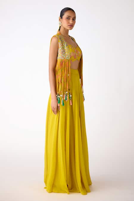 Basanti - Kapde Aur Koffee_Yellow Organza Mirrors, Tassels, Embroidery V-, Open Jacket Sharara Set _Online_at_Aza_Fashions