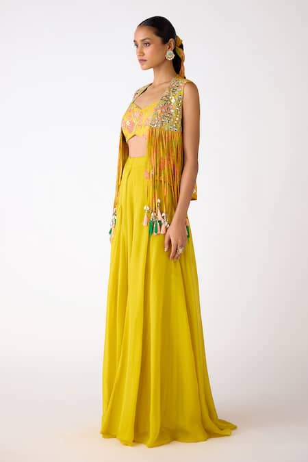 Buy_Basanti - Kapde Aur Koffee_Yellow Organza Mirrors, Tassels, Embroidery V-, Open Jacket Sharara Set _Online_at_Aza_Fashions