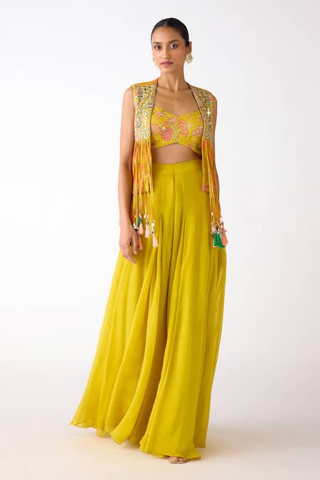 Shop_Basanti - Kapde Aur Koffee_Yellow Organza Mirrors, Tassels, Embroidery V-, Open Jacket Sharara Set _Online_at_Aza_Fashions