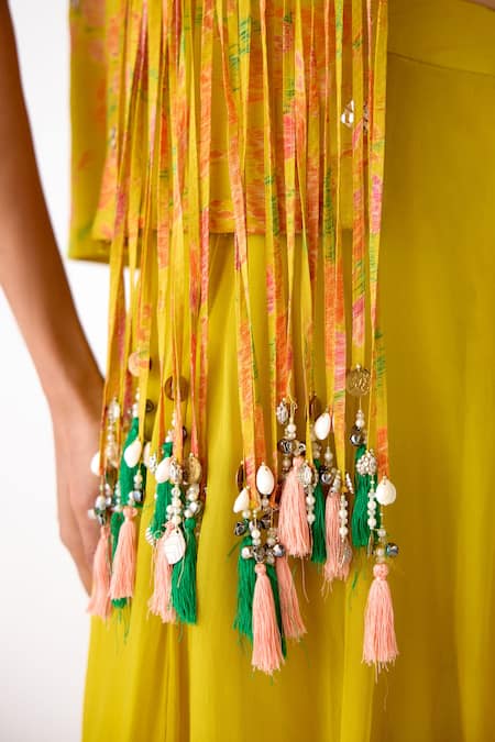 Basanti - Kapde Aur Koffee_Yellow Organza Mirrors, Tassels, Embroidery V-, Open Jacket Sharara Set _at_Aza_Fashions