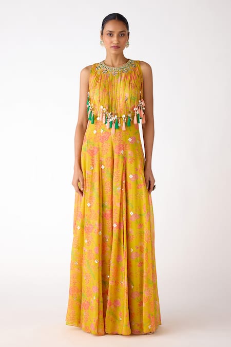 Basanti Kapde aur Koffee Shell Tassel Embroidered Jumpsuit 