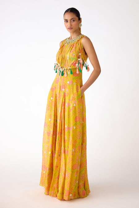 Buy_Basanti Kapde aur Koffee_Yellow Organza Mirrors, Tassels, Embroidery, Beads Round Neck Shell Jumpsuit _Online_at_Aza_Fashions
