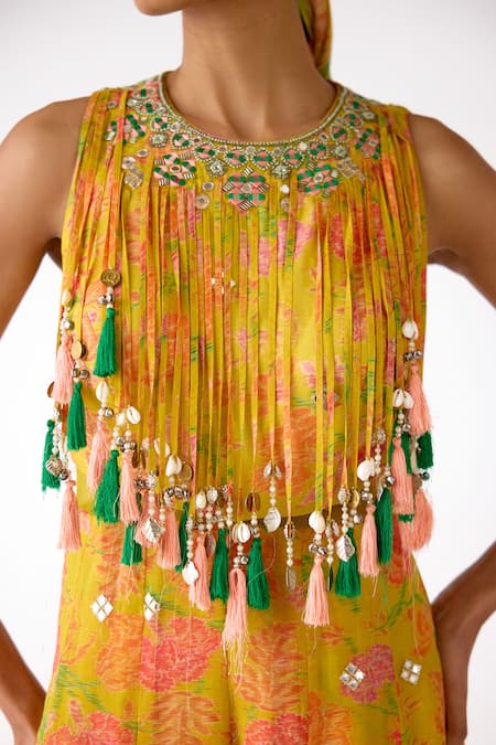 Shop_Basanti Kapde aur Koffee_Yellow Organza Mirrors, Tassels, Embroidery, Beads Round Neck Shell Jumpsuit _Online_at_Aza_Fashions