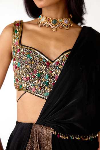 Basanti Kapde aur Koffee_Gold Lycra Beads, Stones, Sequins Pre-draped Saree With Embroidered Blouse _Online_at_Aza_Fashions