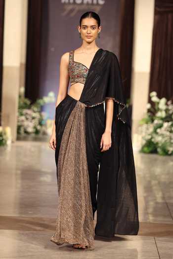 Basanti Kapde aur Koffee Pre-Draped Saree With Embroidered Blouse 