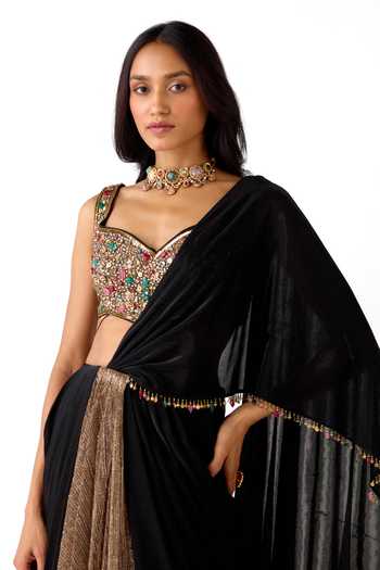 Buy_Basanti Kapde aur Koffee_Gold Lycra Beads, Stones, Sequins Pre-draped Saree With Embroidered Blouse _Online_at_Aza_Fashions