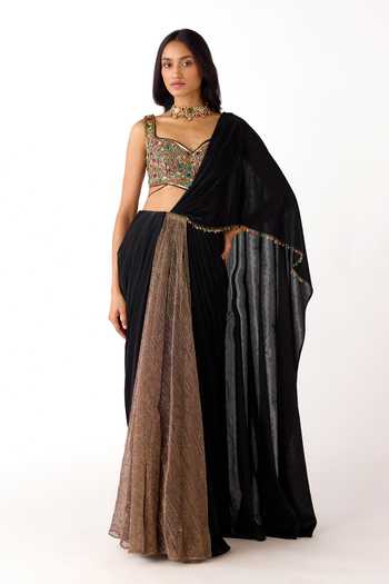 Shop_Basanti Kapde aur Koffee_Gold Lycra Beads, Stones, Sequins Pre-draped Saree With Embroidered Blouse _Online_at_Aza_Fashions