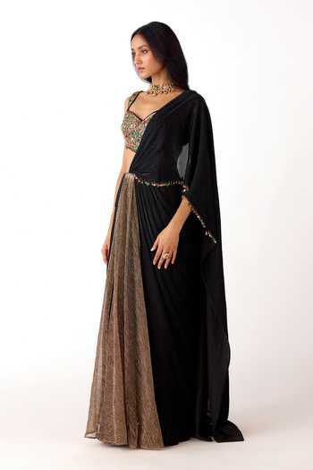 Basanti Kapde aur Koffee_Gold Lycra Beads, Stones, Sequins Pre-draped Saree With Embroidered Blouse _at_Aza_Fashions