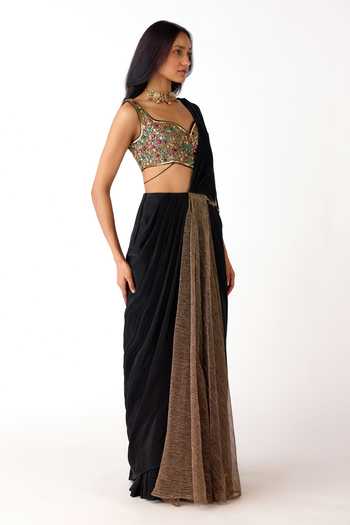 Buy_Basanti Kapde aur Koffee_Gold Lycra Beads, Stones, Sequins Pre-draped Saree With Embroidered Blouse 