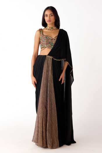Shop_Basanti Kapde aur Koffee_Gold Lycra Beads, Stones, Sequins Pre-draped Saree With Embroidered Blouse 
