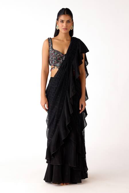 Basanti - Kapde Aur Koffee Black Lycra Stones, Beads, Ruffles Pre-draped Saree With Embroidered Blouse Online at Aza Fashions Basanti - Kapde Aur Koffee_Black Lycra Stones, Beads, Ruffles Pre-draped Saree With Embroidered Blouse_Online_at_Aza_Fashions