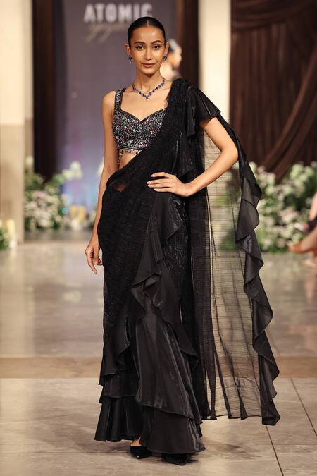 Basanti - Kapde Aur Koffee Pre-Draped Ruffle Saree With Embroidered Blouse 